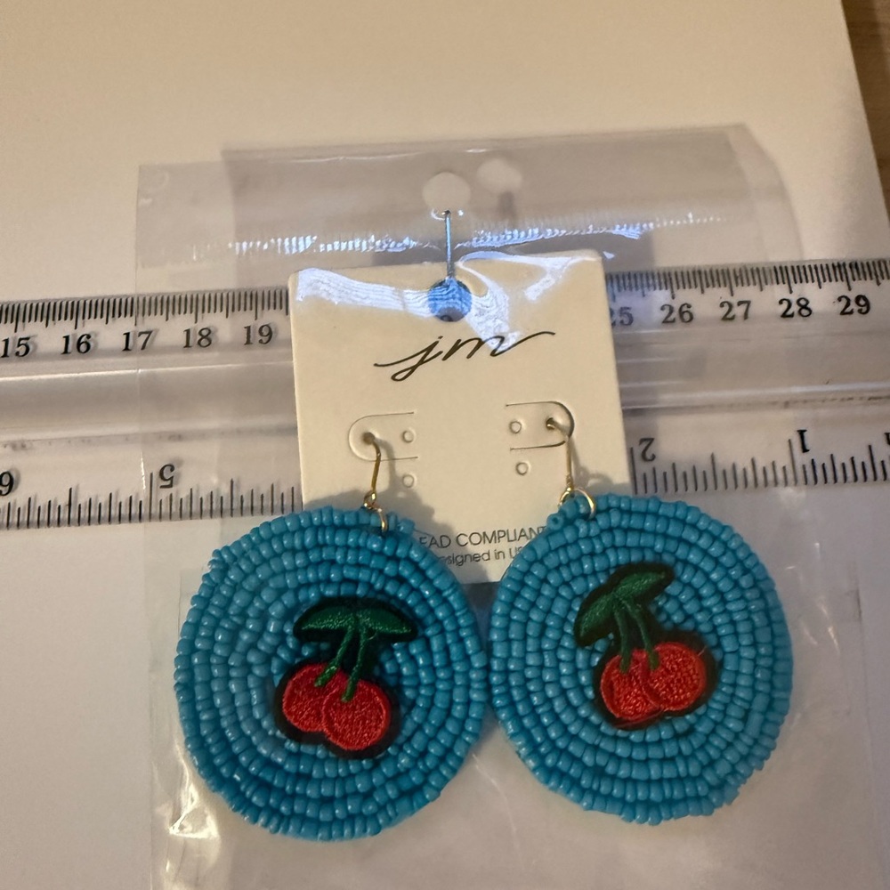 Blue Beaded Cherry Earrings - Picture 5 of 6